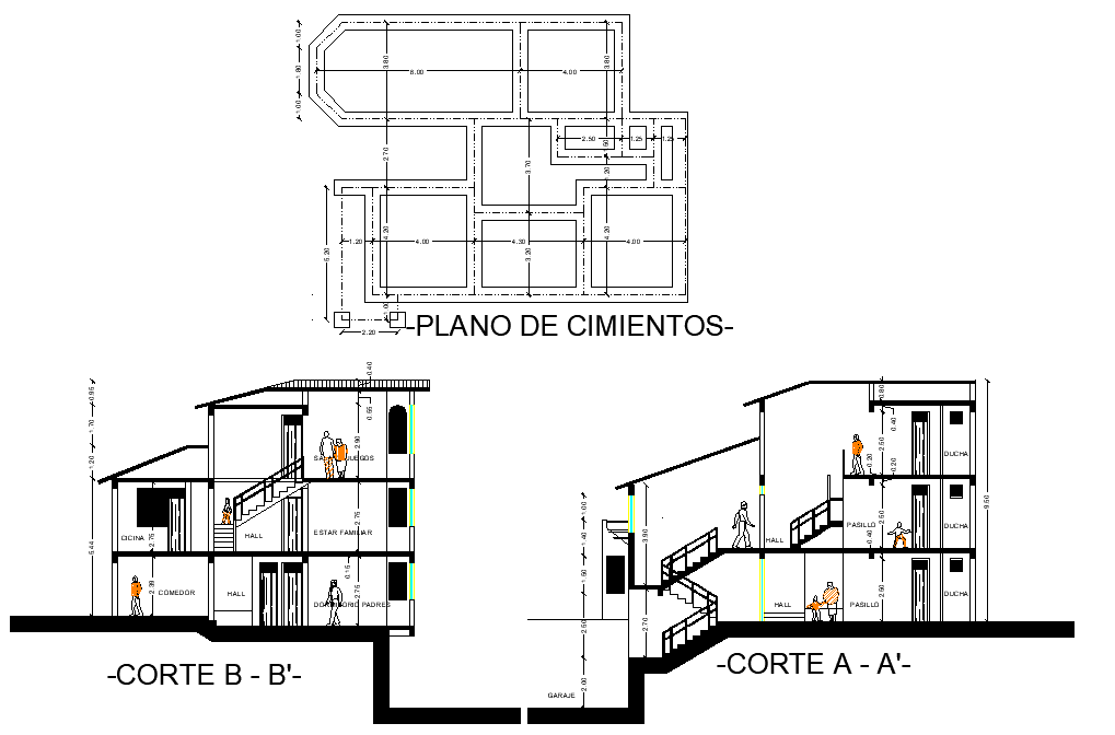 Foundation plan and section Terraced houses layout file