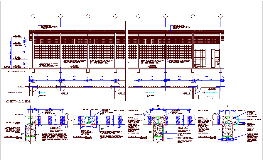 Foundation plan of classroom with sectional view with column sectional detail for classroom dwg file