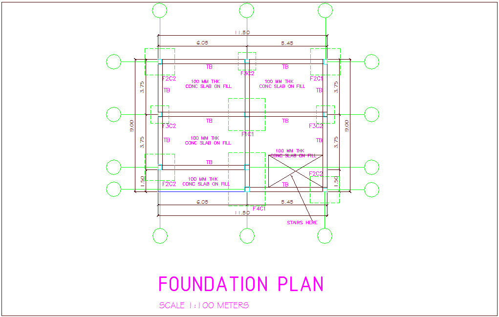 Foundation plan of office building with construction view dwg file