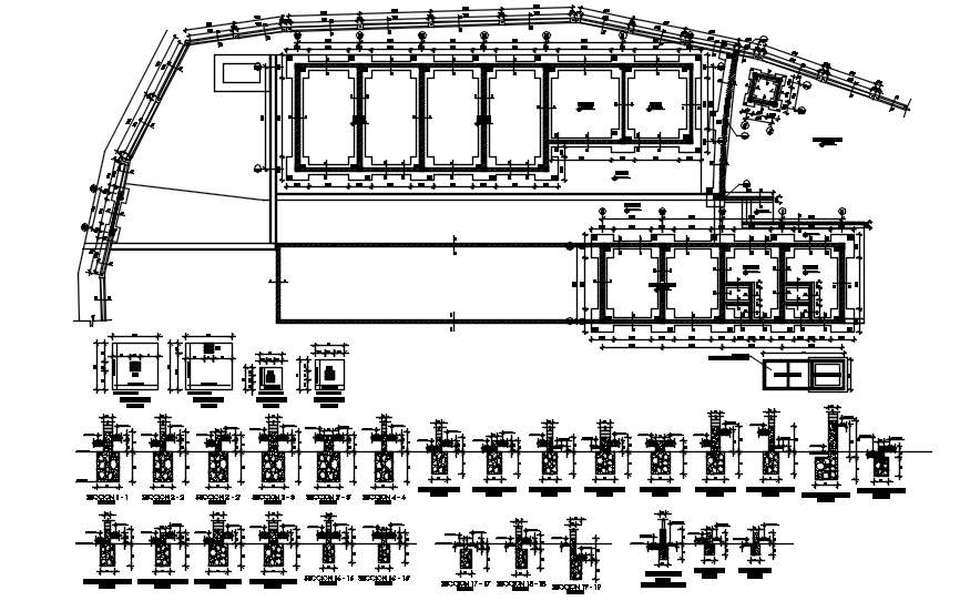 Foundation plan of school building with detail dimension in AutoCAD 