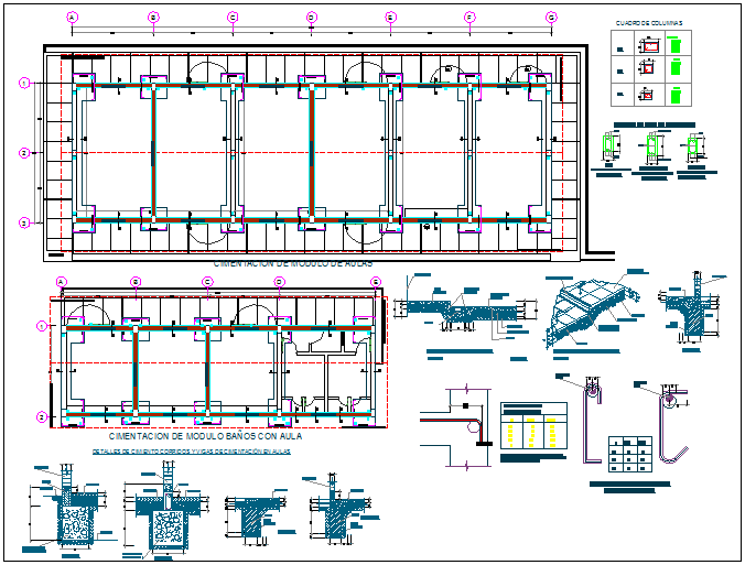 Foundation plan of school classroom with view of construction detail dwg file