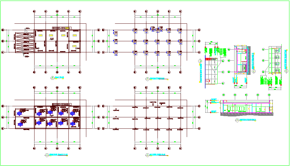 Foundation plan with column and roof plan and elevation dwg file