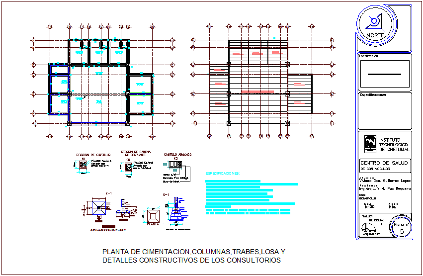 Foundation plan with column detail with construction view for clinic dwg file