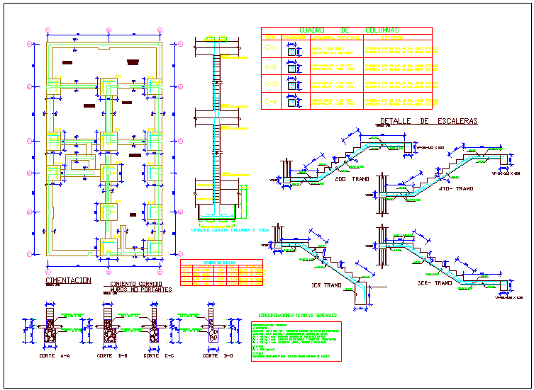 Foundation plan with column detail with construction view for house dwg file