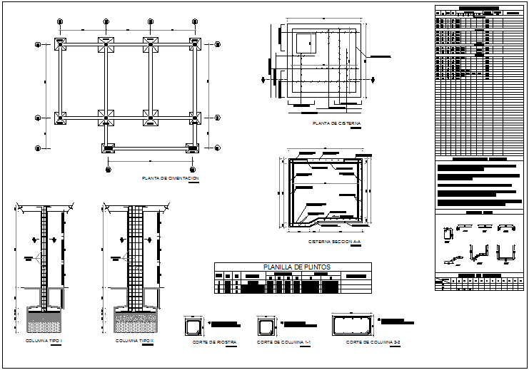 Foundation plan with construction detail of community center dwg file