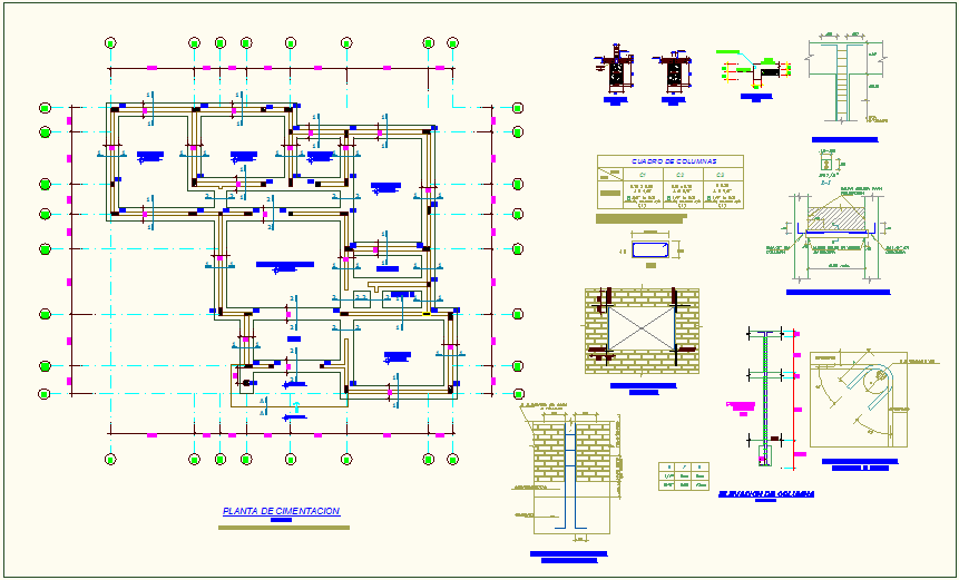 Foundation plan with construction detail of education center dwg file