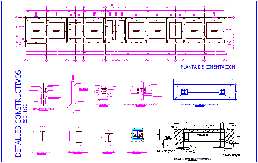 Foundation plan with construction detail of school dwg file
