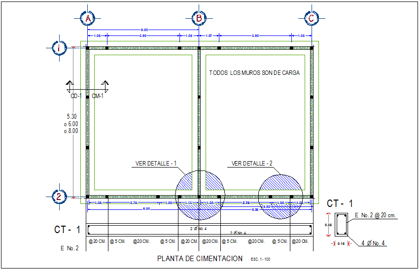 Foundation plan with construction detail of school dwg file