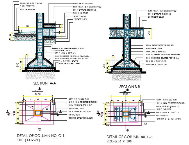 Foundation Column Plan And Section Drawing DWG File