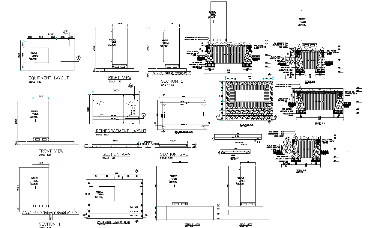 Foundation and Reinforcement layout plan of Equipment room,Download DWG file.