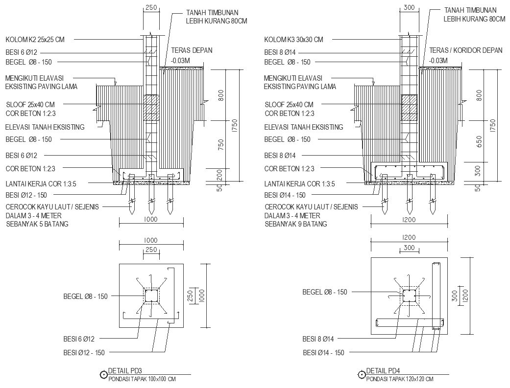 Foundation detailed sections with footing plan DWG AutoCAD drawing