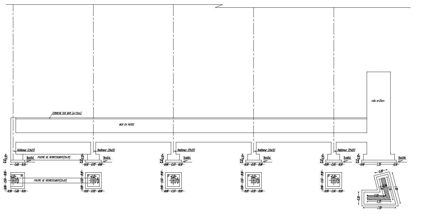 Foundation details of boundary wall in AutoCAD 2D drawing, CAD file, dwg file