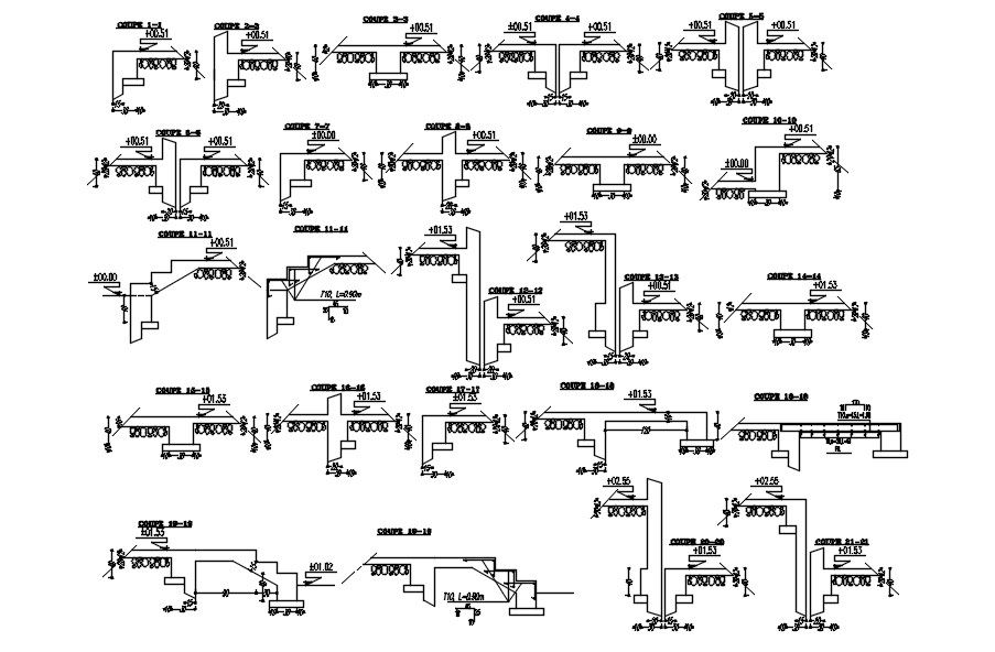 Foundation footing component layout plan design and all section coffrage structure in 2D Autocad DWG file.