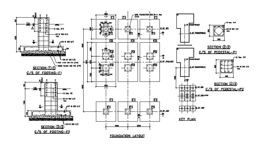 Foundation layout detail drawing defined in this AutoCAD drawing file. Download this 2d AutoCAD drawing file.