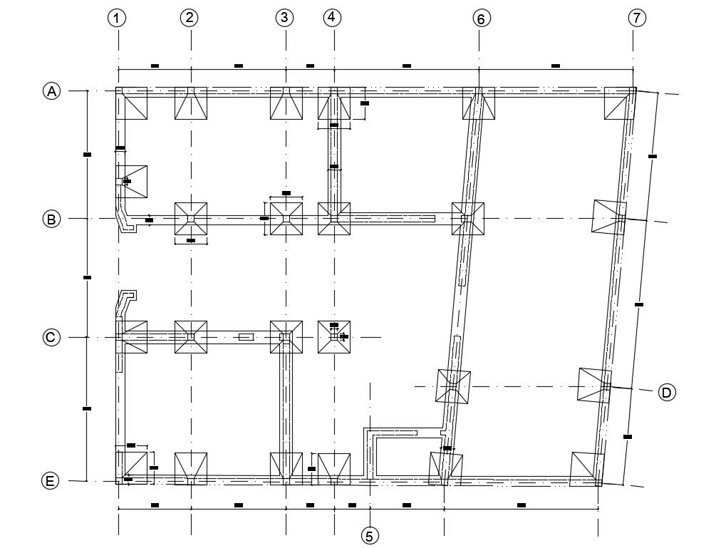 Foundation layout of 12x15m house plan has been given in this Autocad drawing file. Download the Autocad model.