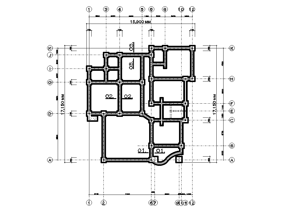 Foundation layout of15x17m house plan is given in this Autocad drawing file. Download now.