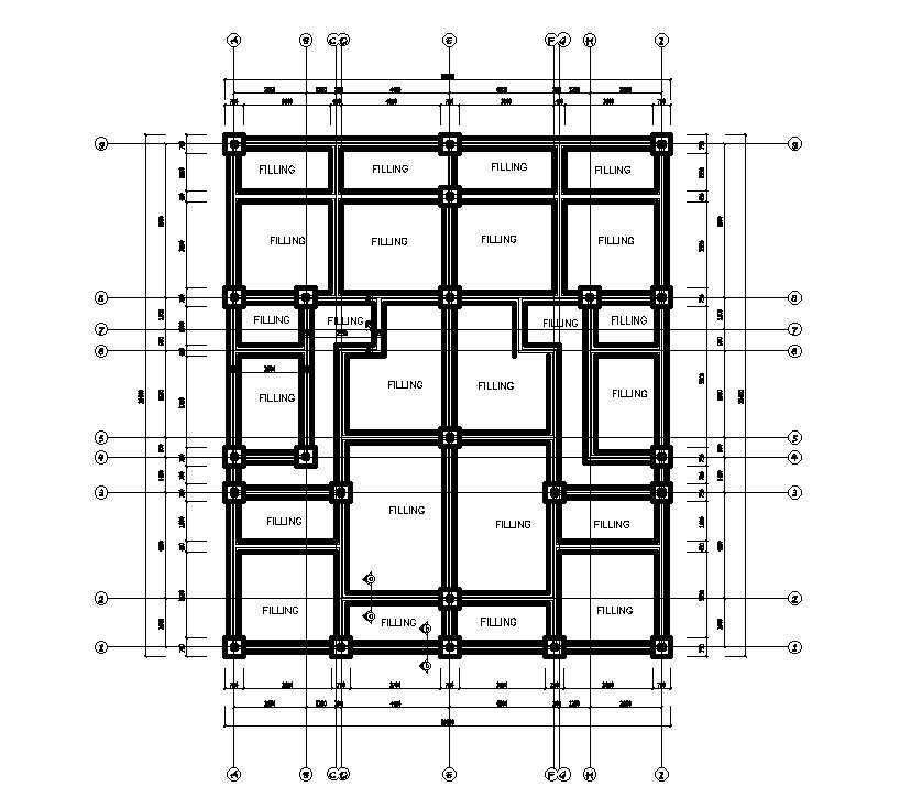 Foundation layout of 18x20m twin house plan is given in this Autocad drawing file. This is single story building.Download the AutoCAD file.