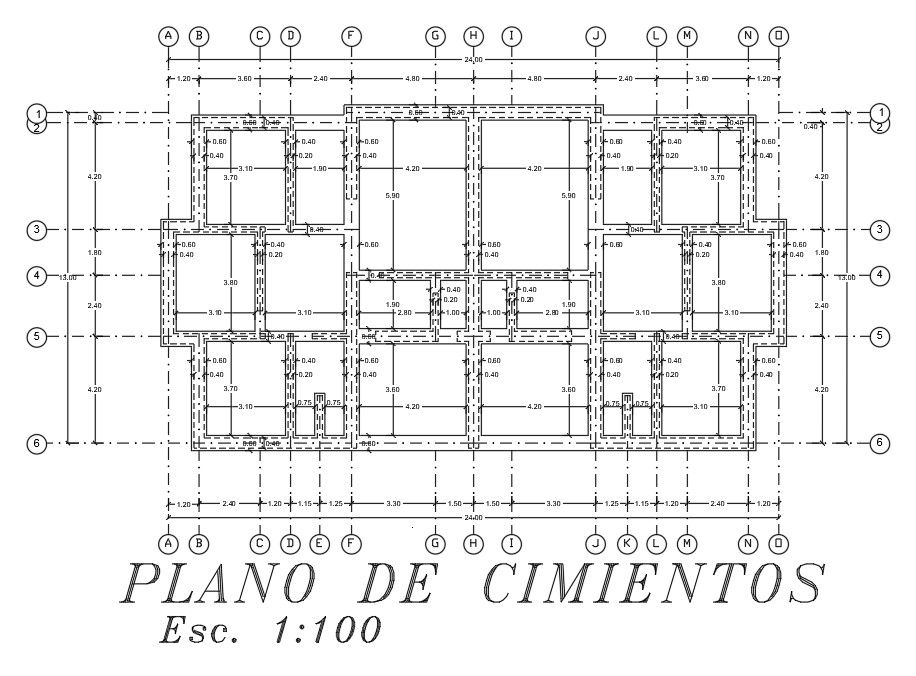 Foundation layout of 24x13m twin house plan is given in this Autocad drawing file. Download the Autocad model.