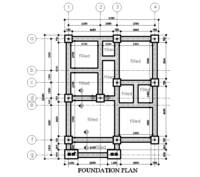 Foundation layout of 9x11m ground floor house plan is given in this Autocad drawing file.Download now.
