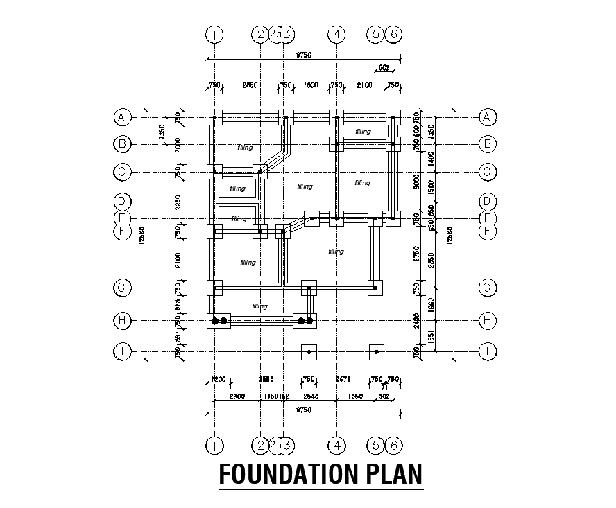 Foundation layout of 9x12m residential plan is given in this Autocad drawing file. Download now.
