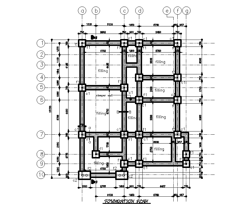 Foundation plan of 12x14m house plan is given in this Autocad drawing file. Download now.