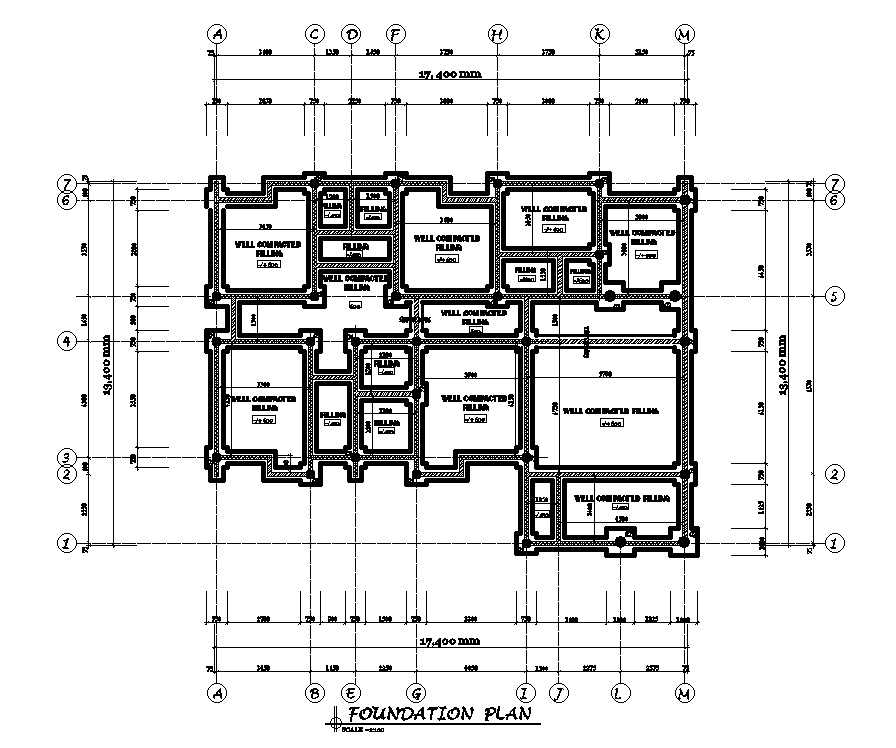 Foundation plan of 17x14m residential plan is given in this Autocad drawing file. Download now.