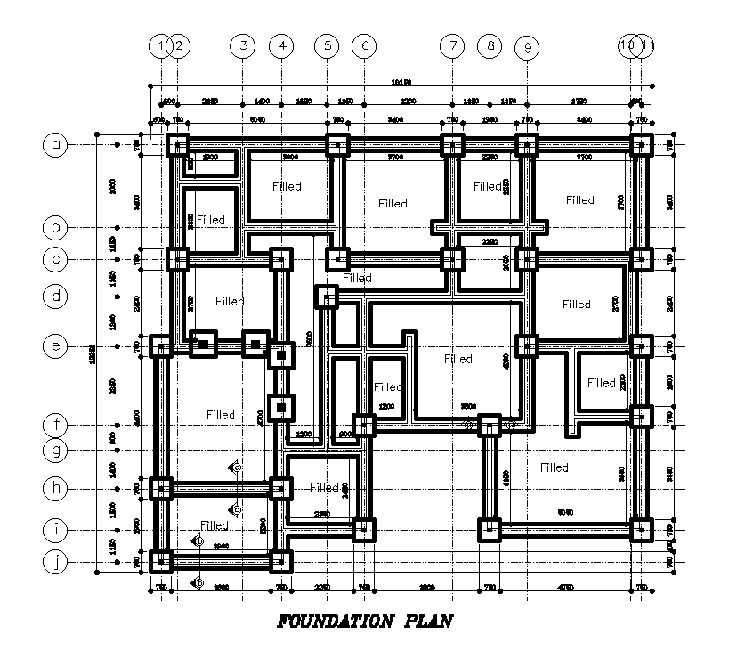 Foundation plan of 17x16m residential plan is given in this Autocad drawing file. Download now.