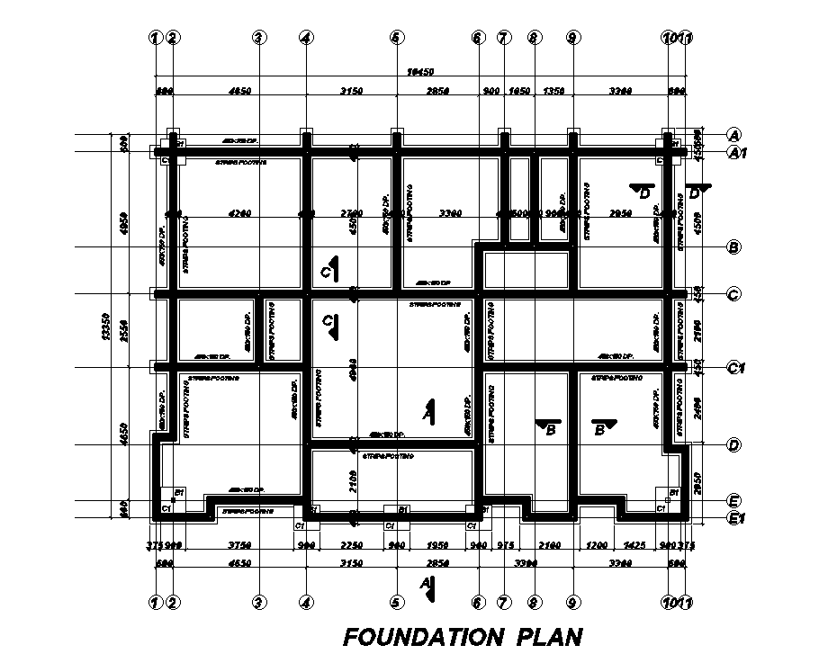 Foundation plan of 18x14m house plan is given in this Autocad drawing file. Download now.