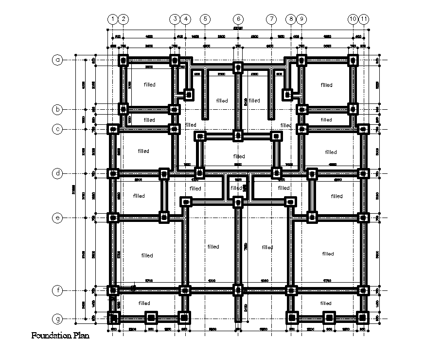 Foundation plan of 22x22m house plan is given in this Autocad drawing file. Download now.