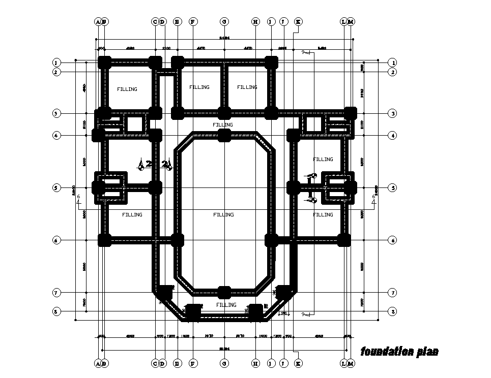 Foundation plan of 24x25m office plan is given in this Autocad drawing file.Download now.
