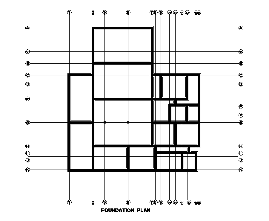 Foundation plan of 25x20m house plan is given in this Autocad drawing file. Download now.