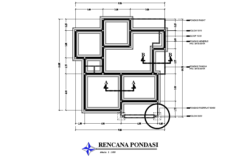Foundation plan of 25’x25’ house plan is given in this Autocad drawing file.Download the Autocad model.