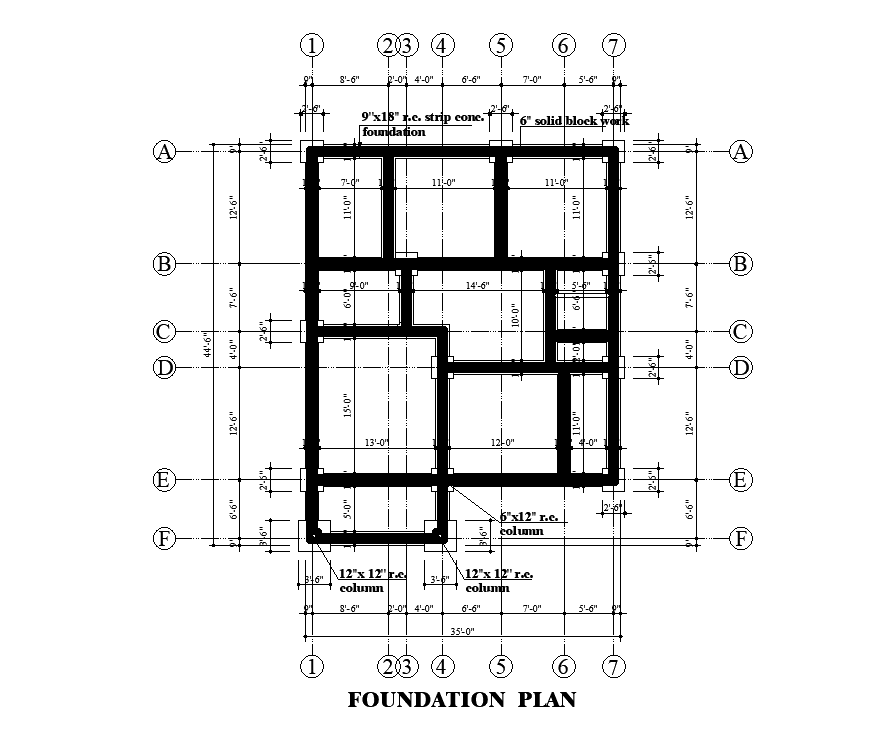 Foundation plan of 34’x44’ house plan is given in this Autocad drawing file. Download now.
