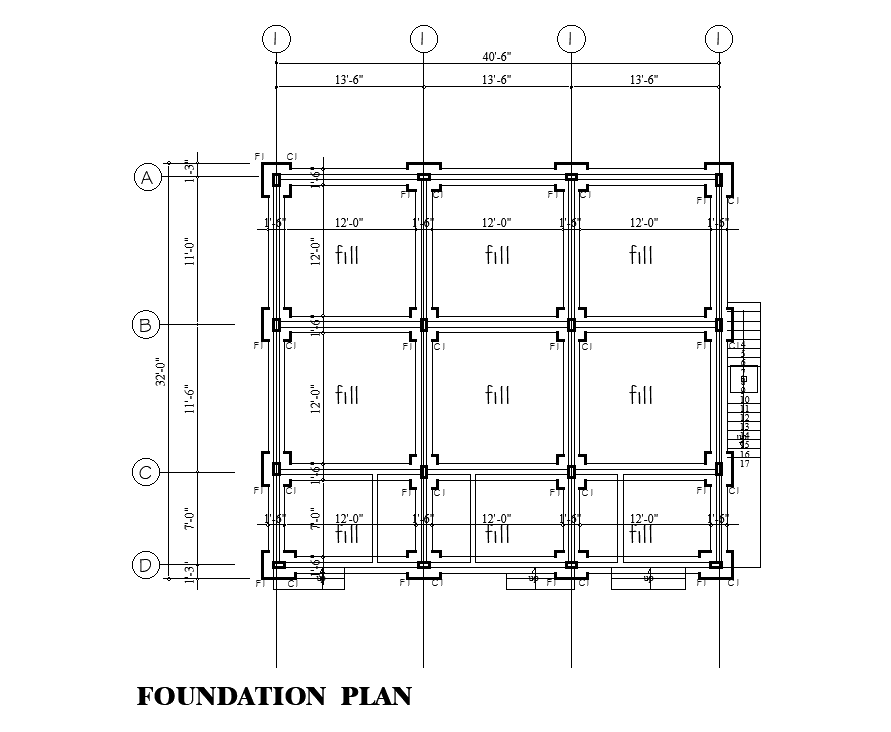 Foundation plan of 40’x32’ house plan is given in this Autocad drawing file. Download now.