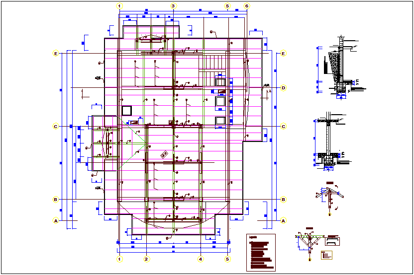 Foundations plan of basement with construction detail view dwg file