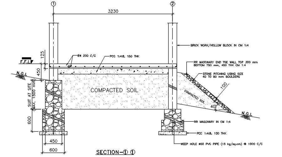 Foundation section under plinth beam of a building. Download AutoCAD DWG file
