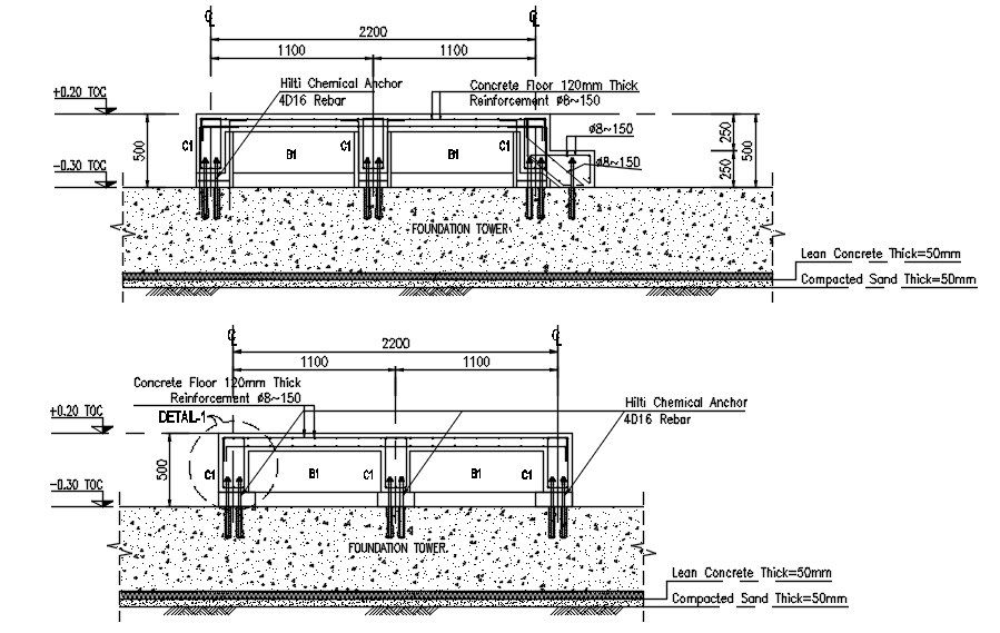 Foundation tower details in AutoCAD 2D drawing, dwg file, CAD file
