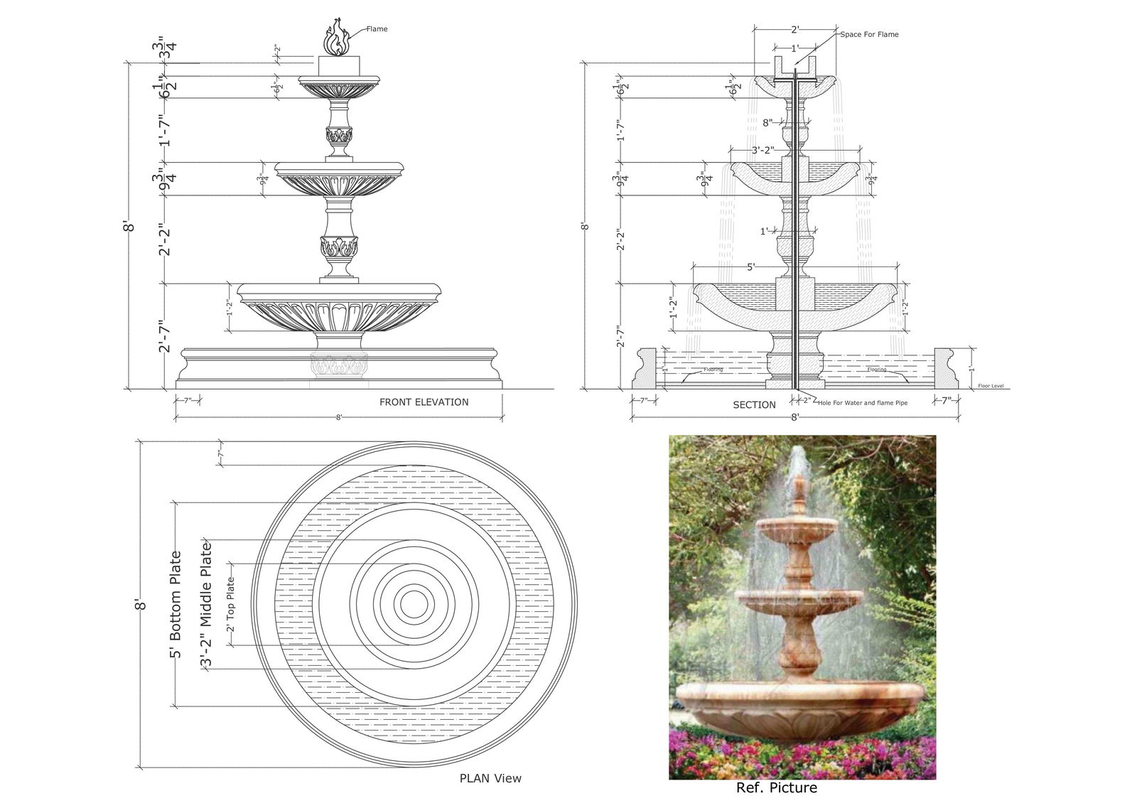 Comprehensive Fountain Design DWG with Elevation & Side Views