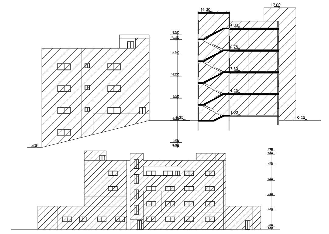 Four Floors Apartment Elevations And Section AutoCAD Drawing