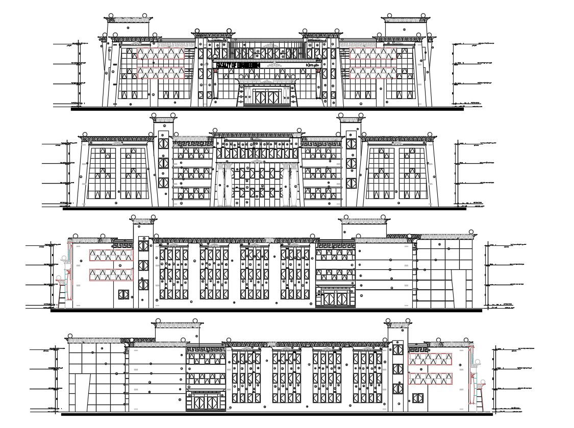 Four Side Elevation Of The College Building With Working Drawing AutoCAD File