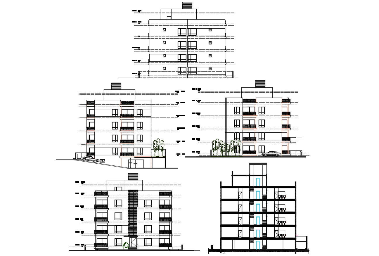 Four Side Elevations And Section Of Apartment Building