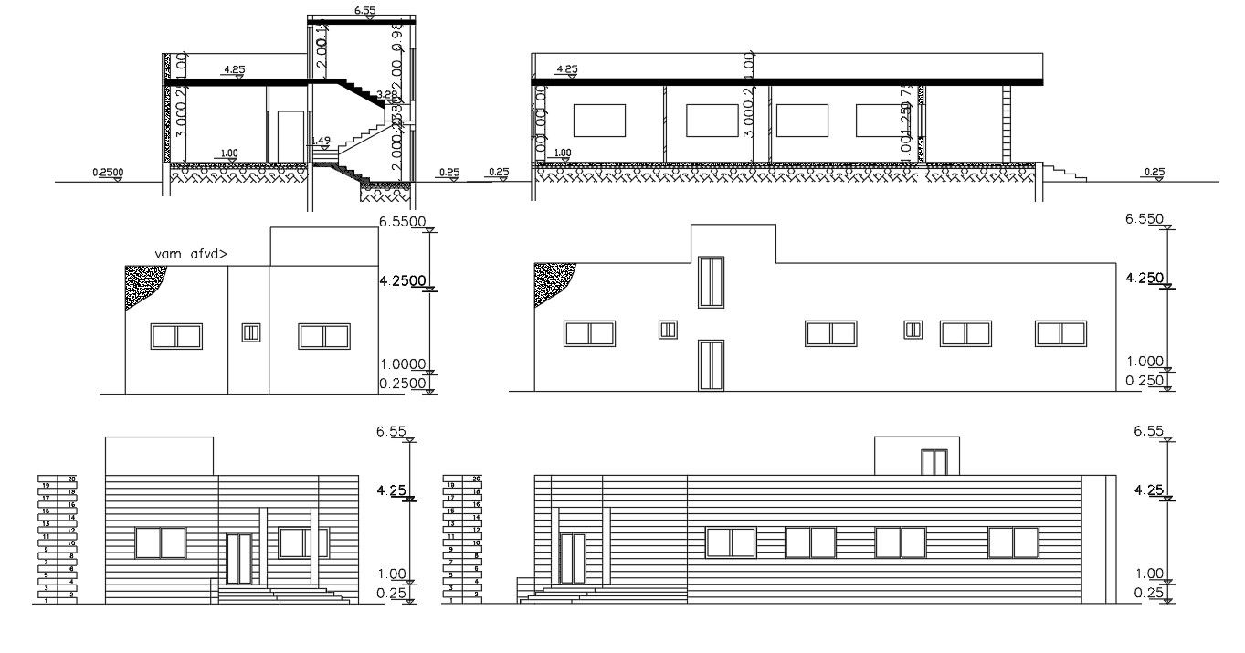 Four Side Elevations And Sections Of Residential Building