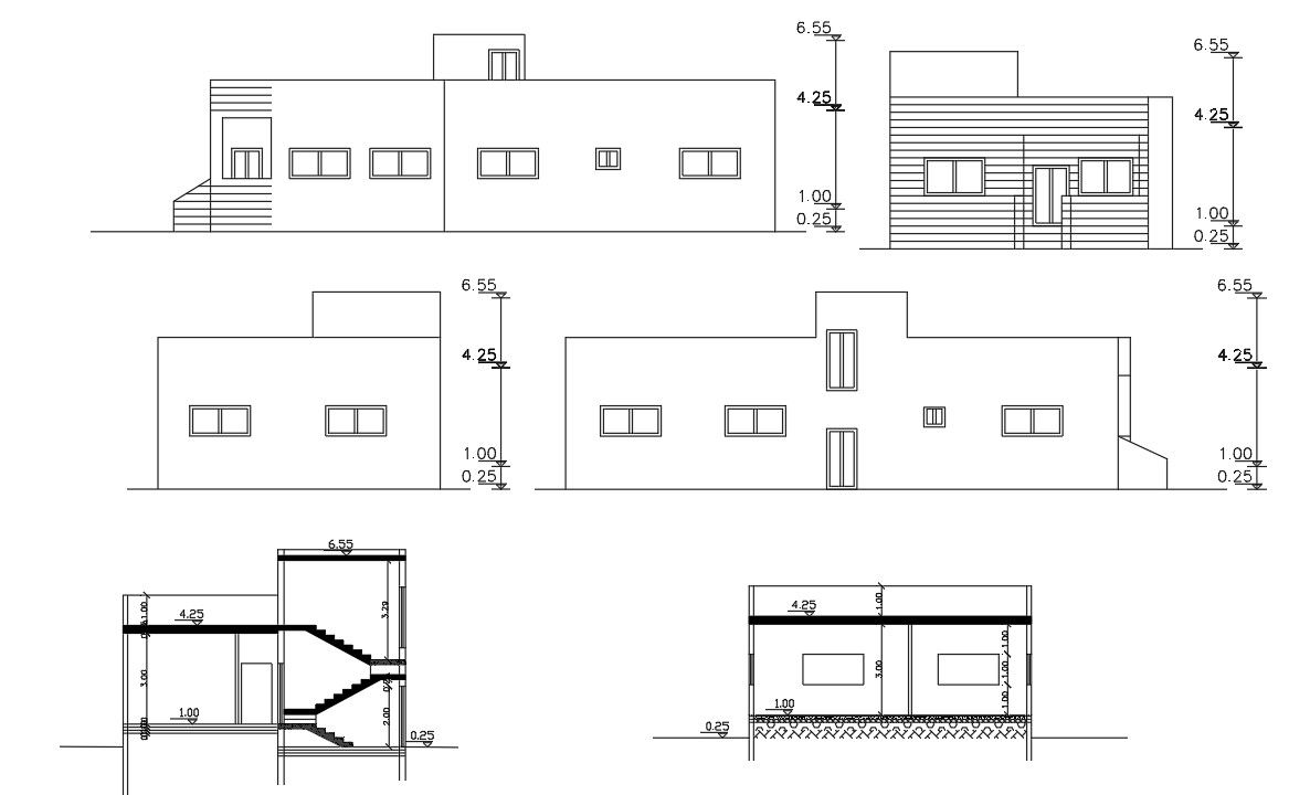 Four Side Elevations And Sections Of Single Floor House