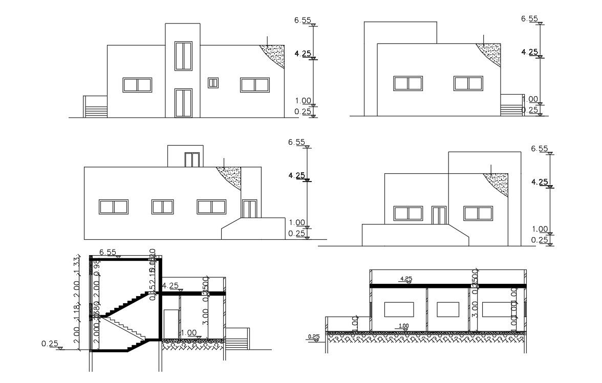 Four Side Elevations And Two Sections AutoCAD File