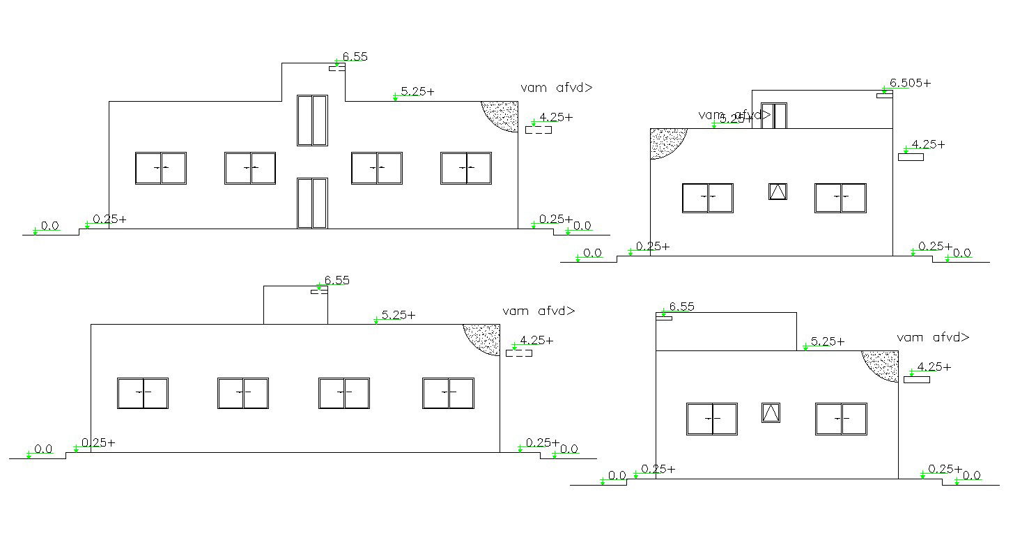 Four Side Elevations Of Single Storey Residential Building CAD