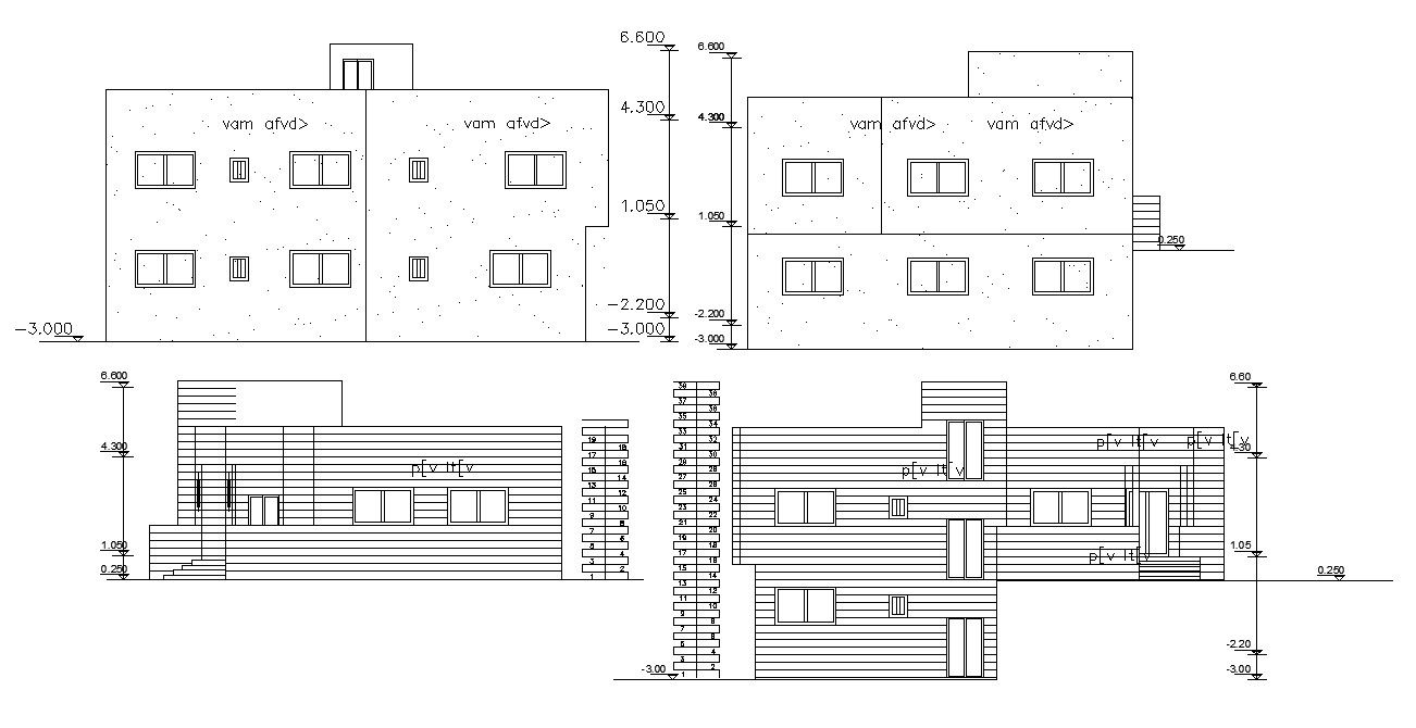 Four Side Elevations Of Two Floor House Design AutoCAD File