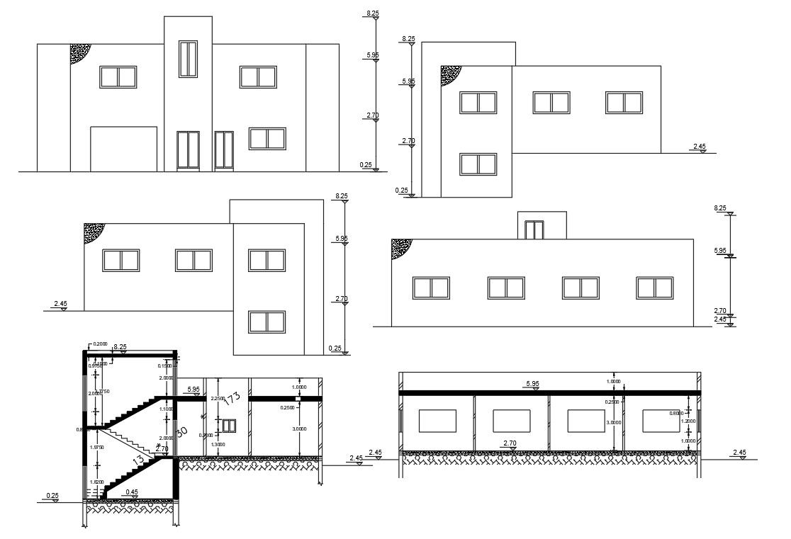 Four Side House Elevations And Sections AutoCAD Drawing