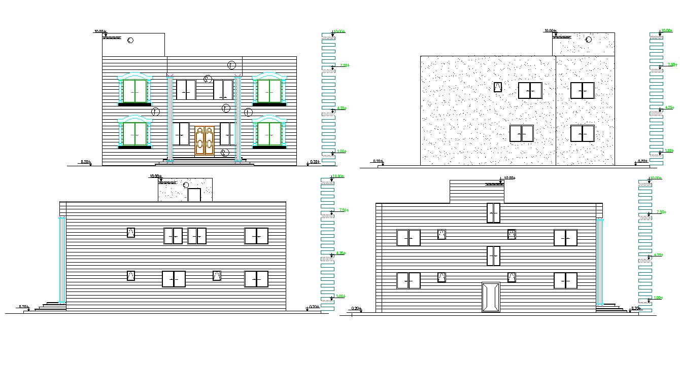 Four Side Modern Architecture Elevation Of Two Story Building