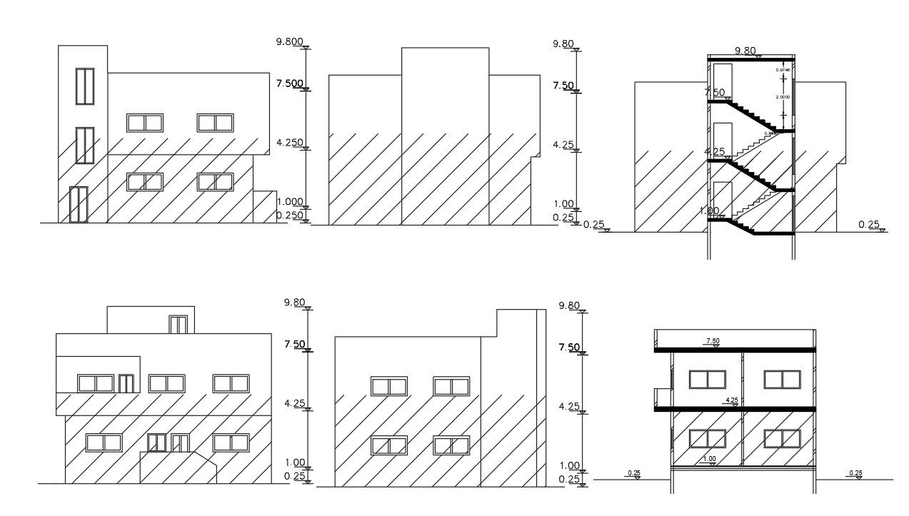 Four Side Modern Architecture Elevations And Sections Of House