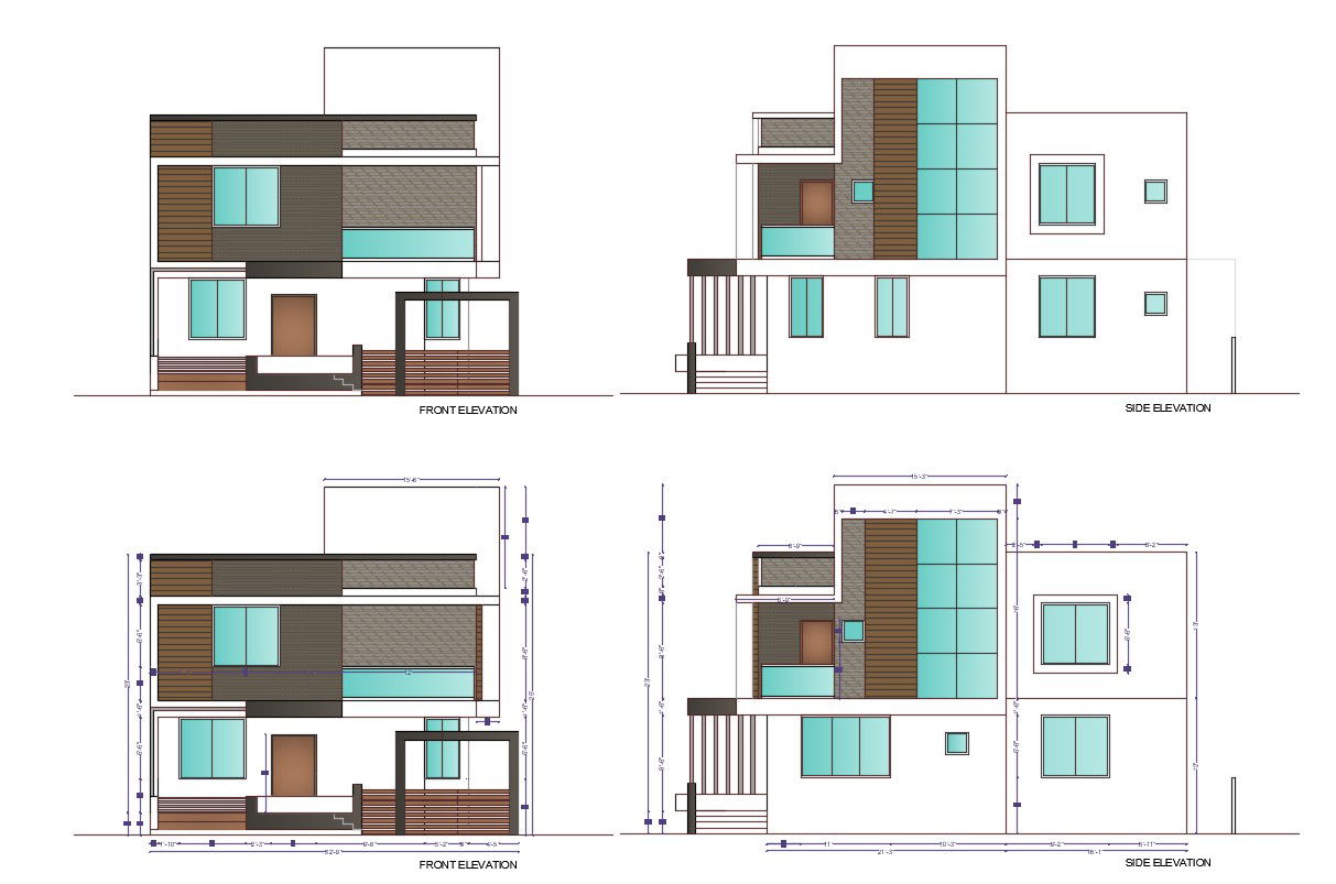 Four Side Modern Elevation Of Bungalow With Basic Rendered AutoCAD Drawing